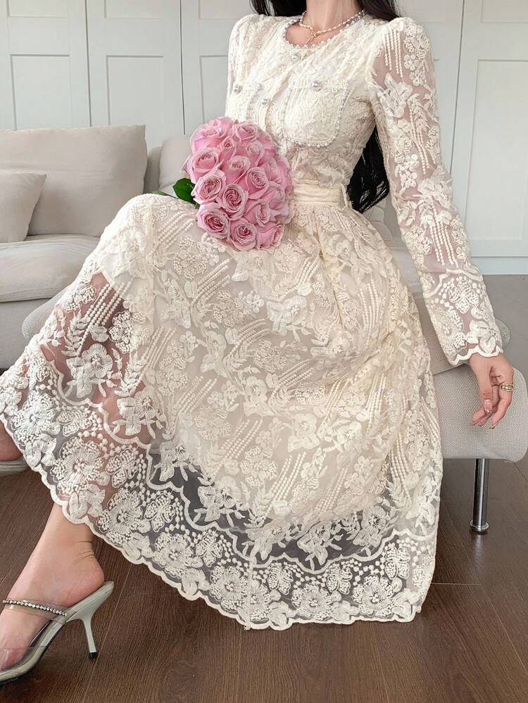 Delicate High-End Lace Tie-Cinched Waist Embroidered Dress, Soft Korean Style Graceful Age-Reducing Midi Dress Summer Women Dresses