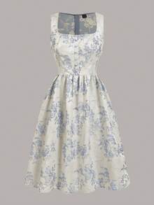 Fairmaia Traditional German Elegant Vintage Jacquard Patchwork Women Dress German Traditional Women Floral Square Neck Sleeveless Dirndl Dress, For Oktober Dirndl, Halloween