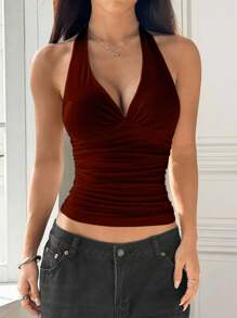 SHEIN Unity Women's White V-Neck Sleeveless Boho Halter Neck Ruched Mesh Tank Top, Casual & Sexy Ladies Summer Top