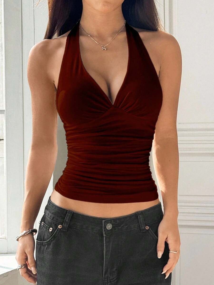 SHEIN Unity Women's White V-Neck Sleeveless Boho Halter Neck Ruched Mesh Tank Top, Casual & Sexy Ladies Summer Top