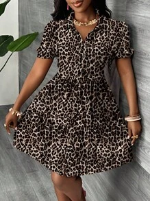 Slaydiva Plus Size Women Casual Leopard Print Collar A-Line Dress, Suitable For Summer Suitable For Going Out Leopard Print Dress Plus Size Animal Print Plus Size Dress Plus Size Vacation Dress Chic Dress - Multicolor - View 4