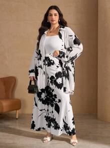 Chikora Bộ đồ dài in hoa đen trắng cỡ lớn cho nữ 2 món - Đen và trắng - Xem 3