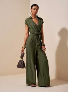 Zivah New Summer Casual Simple Basic Style Daily Dating Commuting Elegant Lapel Sleeveless Wide Shoulder Cross Strap Waist Wide Leg Straight Pants Green Women's Jumpsuit-A Green Jumpsuit Women Summer Jumpsuits For Women Casual Jumpsuits For Women Green Women Jumpsuit - Army Green - View 5
