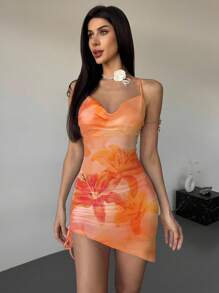 Firerie Đầm ôm sát cơ thể mini họa tiết hoa dây rút eo bất đối xứng thanh lịch, thích hợp cho kỳ nghỉ hè, bãi biển, lễ hội âm nhạc, mùa thu - Nhiều màu - Xem 3