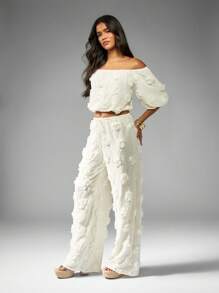 MISSGUIDED Floral Applique Off Shoulder Crop Top Wide Leg Pants Matching Festival Summer Spring Beach Boho Wedding Guest Garden Party Occasion Wear Coordinates - White - View 4