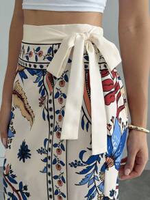 Elenzga Gonna lunga a portafoglio con stampa floreale e vita annodata, stile vacanziero di moda per le donne - Multicolore - Visualizzare 5