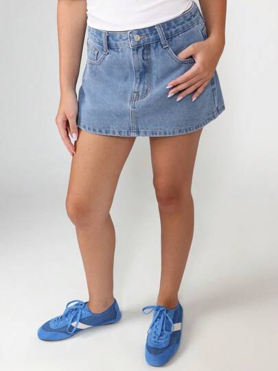 SUMWON Klasyczna spódnica mini z jeansu z wysokim stanem, w stylu A Line, swobodna, uliczna, codzienna, podstawowa, regularna, lekka, letnia, festiwalowa, modna