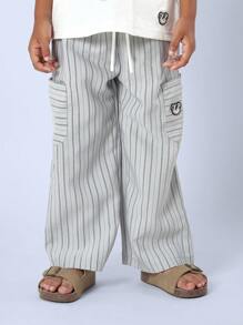 SUMWON Conjunto de camiseta y pantalones a rayas de 'Good Vibes Club' para niños, conjunto informal de verano cómodo de dos piezas con pantalones de cintura elástica