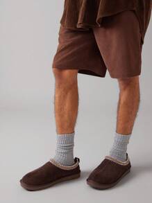 SHUZIA Men's Braided Collar Classic Suede Coffee Slippers-Premium Build, Slip-Resistant Sole, Bedroom-To-Street Style