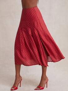 NYA SZN Skirt Print Polka Dot Minimal Pleated Midi Summer Spring Length Skirt, Office Casual Brunch Cowboy Modest Elegant Festival Fashions Church Outfits For Women - Red - View 5