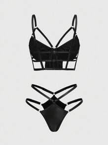 ROMWE Grunge Punk Bộ đồ lót dây và áo ngực có gọng PU Dark Punk, gợi cảm - màu đen - Xem 7