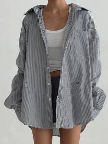 DAZY Loose Casual Striped Long Sleeve Shirt, Versatile,Fall Women Clothes School - Black - View 3