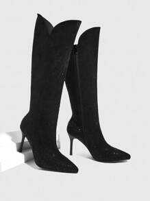 CUCCOO SZL 女士尖头高跟踝靴，黑色天鹅绒面料，水钻装饰，时尚舒适，适合派对夜店，侧拉链