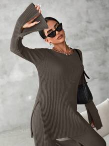 EURMUSE Cotton Solid Split Hem Tee & Flare Leg Pants - Mocha Brown - View 3