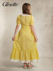 Tween Girls T-Shirt Set, Casual Elegant & Vacation, Yellow Puff Sleeve Boat Neck Cropped Shirt And Long Skirt Yellow Gingham Dress Girl Lemon Dress Girl Teen Girl Dresses Yellow Babydoll Dress Girl Girls Yellow Summer Dress - Yellow - View 7