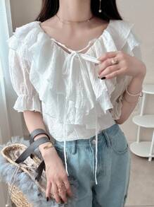 FRIFUL Blusa suelta de 3/4 de manga con volantes en patchwork y lazo cruzado, dulce para primavera y verano para mujer - Blanco - Ver 2