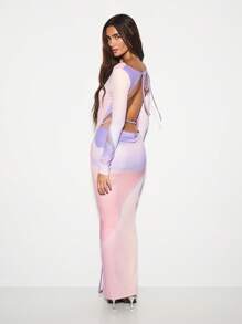 KIZN Long Sleeve Bodycon Midi Dress With Cowl Back Design Elegant Open Back Evening Side Slit Pastel Color Block Evening Party Holiday Cocktail Formal Dress