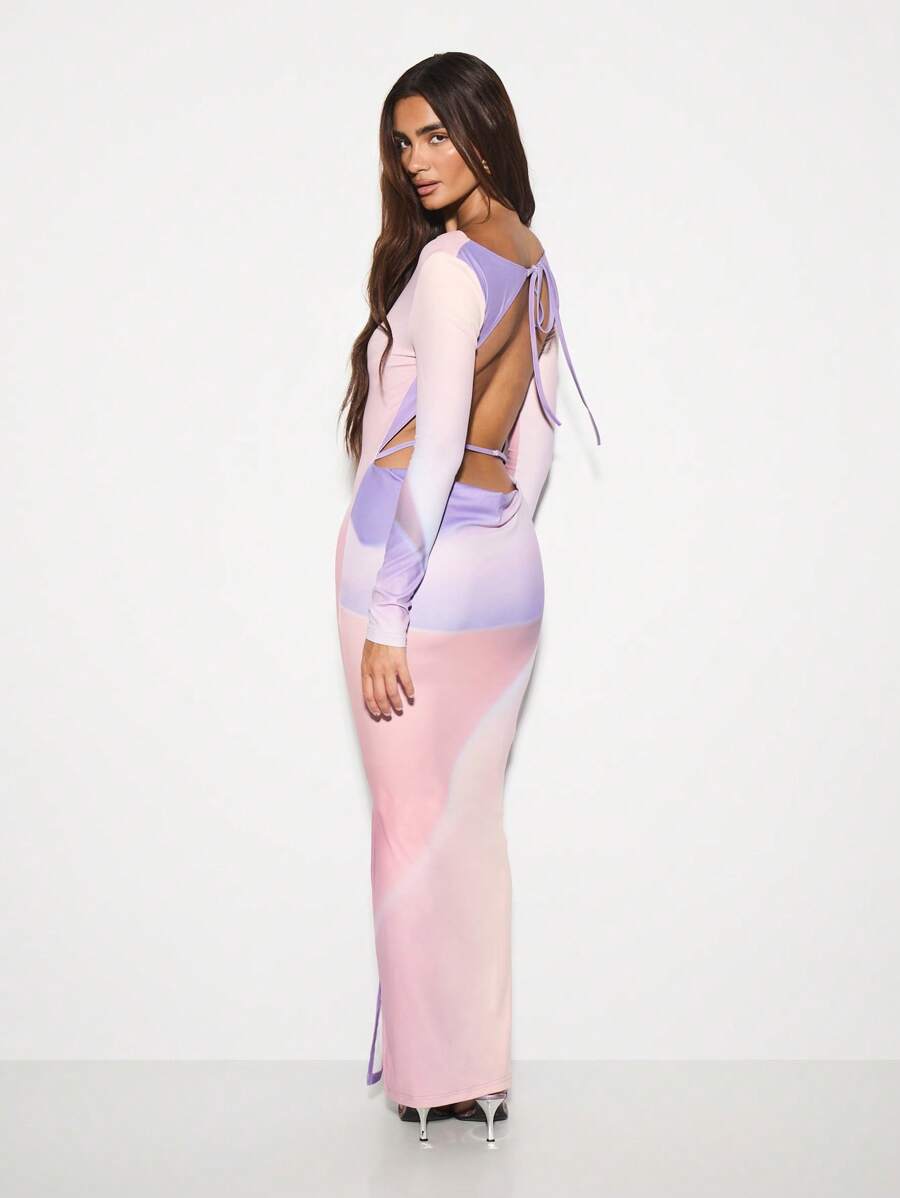 KIZN Long Sleeve Bodycon Midi Dress With Cowl Back Design Elegant Open Back Evening Side Slit Pastel Color Block Evening Party Holiday Cocktail Formal Dress