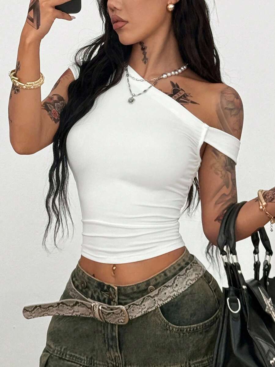 Coolane 女士夏季外出简约派对休闲弹力白色露肩抹胸