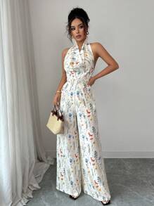 Rafferiza Damen Urlaubsoverall mit Blume Muster und Trägerhals, ärmellos - Aprikosenfarben - Übersicht 5