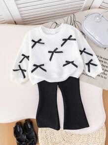 Baby Girl Cute & Cozy Elegant Bow Round Neck Sweatshirt And Long Pants Set - Black and White - View 6