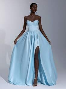 Glamrae Váy satin xanh sang trọng cổ điển với phần ngực xếp nếp, cà vạt có thể điều chỉnh được đính ngọc trai ở phía sau, chân váy chữ A xẻ phía trước, phù hợp cho những dịp trang trọng, tiệc tùng và vũ hội - Màu xanh lam - Xem 2