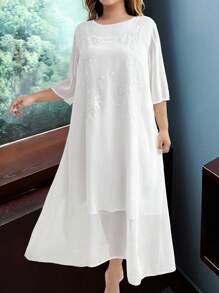 EMERY ROSE Vestido de talla grande para mujer de gasa, cuello redondo, manga 3/4, versión suelta de 2 en 1 con bordado, de largo medio - Blanco - Ver 4