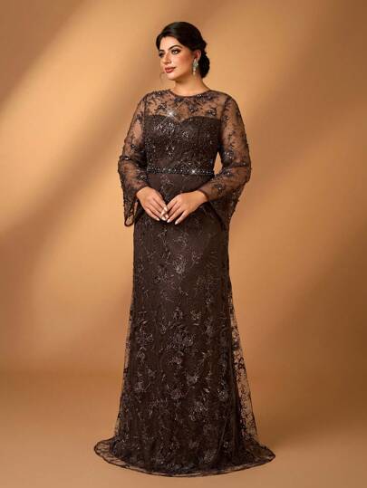 Serin Elegant Romantic Coffee Color Round Neck Long Sleeve Sheer Luxury Embroidered Pearl & Rhinestone Decor Mermaid Hem Mother Of The Bride Dress, Plus Size
