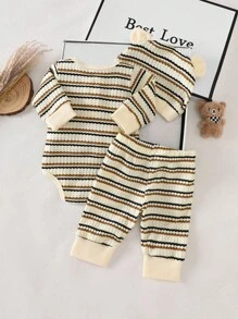 Bộ 3 món đồ sơ sinh và bé trai bộ đồ liền thân dài tay họa tiết gấu bông hở ngực kẻ sọc kết hợp với quần và mũ cùng màu. Thời trang mới và giản dị phù hợp cho chụp ảnh gia đình và ngoài trời - Nhiều màu - Xem 2