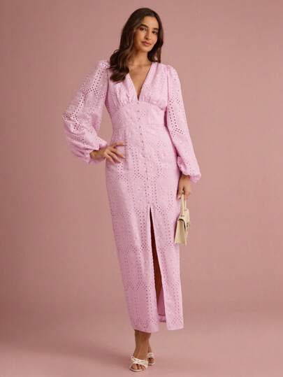 Enchnt Summer/Fall Romantic Women's Pink Floral Hollow Embroidery V-Neck Lantern Sleeve High Slit Maxi Dress