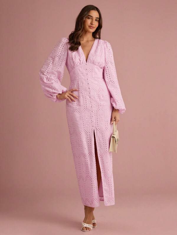 Enchnt Summer/Fall Romantic Women's Pink Floral Hollow Embroidery V-Neck Lantern Sleeve High Slit Maxi Dress,Sweet&Elegant For Vacation&Date&Holiday&Birthday&Party&Graduation&Wedding Guest&Office&Going Out,Prom Dress,Summer Dresses For Women,Sun Dresses For Women,Summer Clothes,Summer Outfits For Women,Back To School,Vestidos Elegantes Para Fiesta,Vestidos Elegantes De Mujer