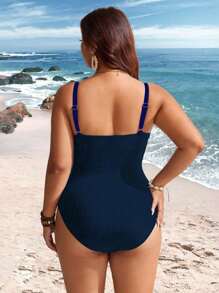 Swim Lushoire Plus Size Women One-Piece Ribbed Simple Stylish Vacation Everyday Slimming Cross-Over Monokini Swimsuit For Summer