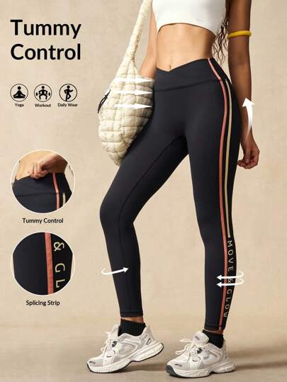 VARSIVA 女款偏心条纹字母不对称腰部运动黑色紧身裤