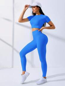 SHEIN Core Rhythm 1 Set Women Solid Color Cropped Top And Leggings Seamless Activewear Sports Suit Ribbed Workout Set Royal Blue Workout Set Matching Workout Set Quick Dry Workout Set Seamless Workout Set - Blue - View 6