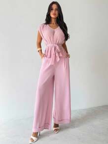 Firerie Women's Elegant Romantic Pleated Waist V-Neck Shirt And High Waist Long Pants 2 Pieces Suit Set, Fashion Commuting Daily Wear, Light Pink, Teacher Outfits For Women - Dusty Pink - View 3