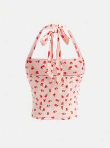 SHEIN Áo ba lỗ dệt kim nhún bèo trang trí nơ kỳ nghỉ giản dị cho bé gái tuổi mới lớn họa tiết hoa nhỏ nhắn ôm sát hông - Màu Hồng baby - Xem 2