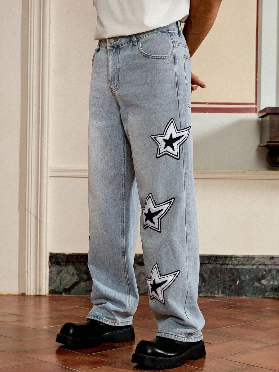 Mainfolk Men's Straight Leg Casual Jeans With Pentagram Patch Pockets - Blue - View 1