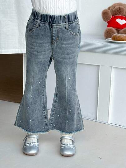 DAZY 少女夏季微喇叭水钻装饰休闲韩版牛仔裤