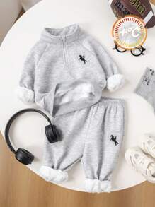 SHEIN 2 件套男童/女童休闲加厚羊毛拉链连帽夹克和松紧腰羊毛裤运动服，男女通用婴儿冬装 - 彩色 - 查看 6