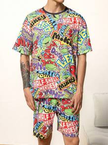 TEENAGE MUTANT NINJA TURTLES | SHEIN Men's Summer Allover Print Drop Shoulder Loose Top And Shorts Loungewear Set