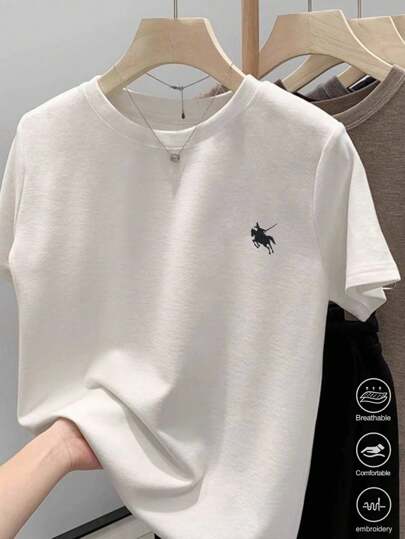 SHEIN Plus Size Women's Knight Embroidery Round Neck Short Sleeve T-Shirt, Summer