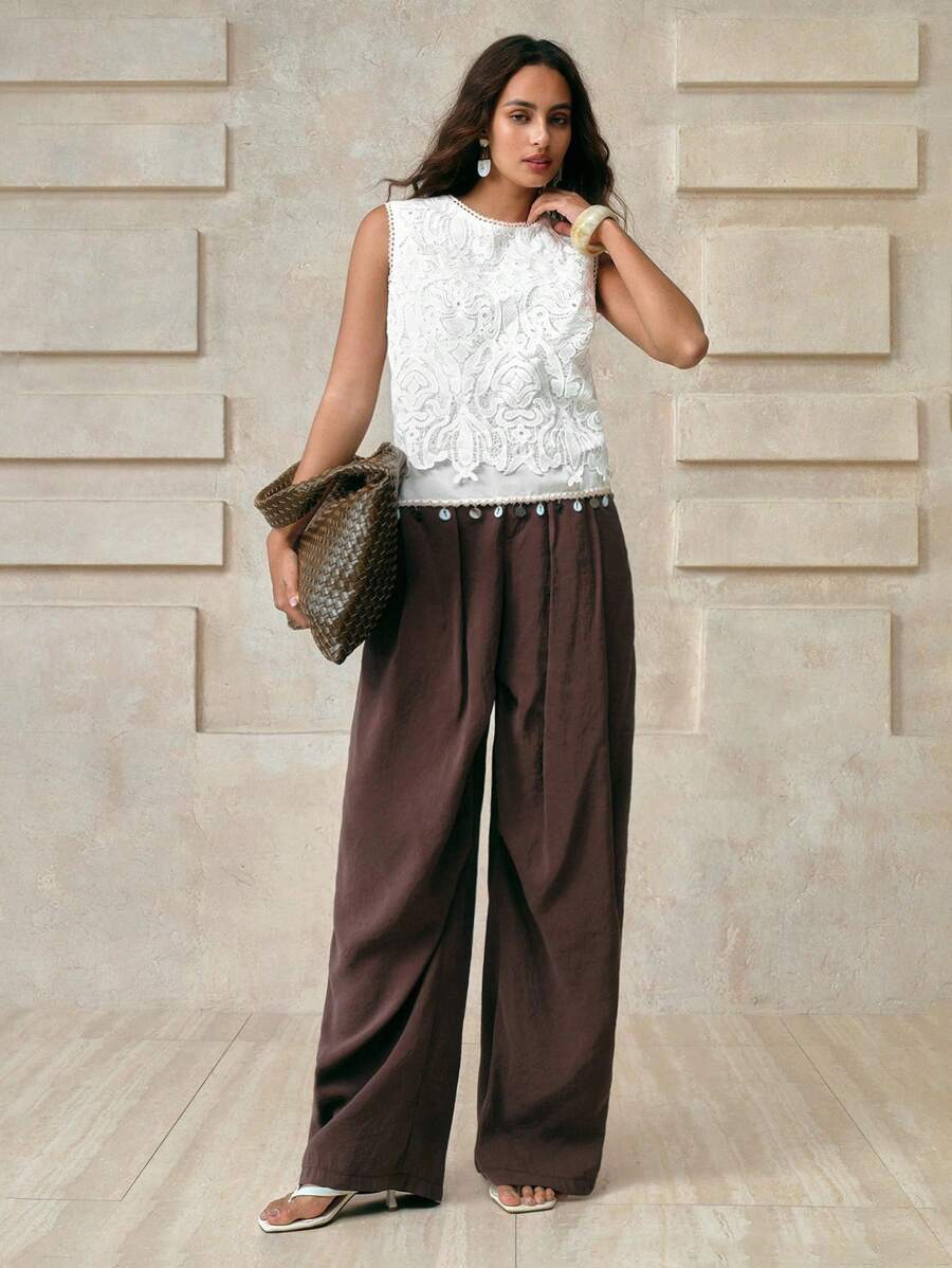 Arave Chaleco casual de estilo vacacional de primavera/verano con encaje calado, volantes y sin mangas en estilo francés chic para ir al trabajo