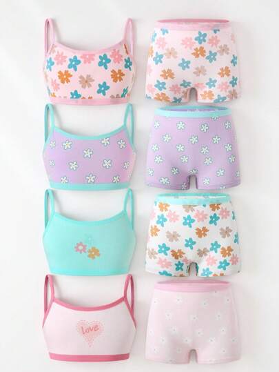4pcs/Set Tween Girls Cotton Heart & Floral Pattern Underwear Set, Fresh And Minimalist Design Girl Underwear Packs Back To School Fashion
