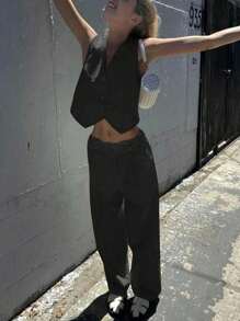 INAWLY Bộ 2 quần không tay cổ chữ V cài nút phía trước cho nữ và túi trang trí - màu đen - Xem 2