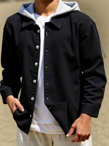 SHEIN Chaqueta de mezclilla negra con capucha de punto de contraste para niño adolescente, de uso diario y vuelta al colegio, suave para uso diario, verano y primavera, festival rave y playa, otoño y vuelta al colegio, estilo old money, ropa de calle y punk, invierno - Negro - Ver 2