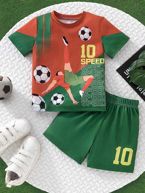 Young Boy Color Block Person & Football Print T-Shirt And Shorts Set