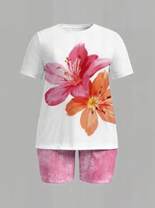 Flower, Holiday, Vacation Print 2pcs Outfit - Loose Short Sleeve T-Shirt And Casual Pants Set For Tween Girls, Summer - Multicolor - View 2