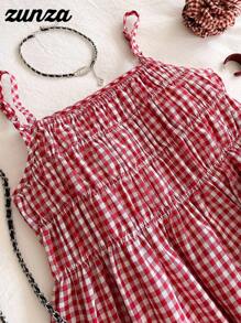 2 件套青少年女孩荷叶边格子吊带背心和阔腿裤套装，夏季新款优雅度假装 - 紅白色 - 查看 3
