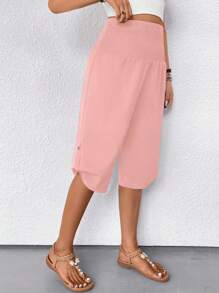SHEIN LUNE Women's Solid Color Knotted Waist Loose Casual Capri Pants - Pink - View 6