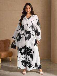 Chikora Bộ đồ dài in hoa đen trắng cỡ lớn cho nữ 2 món - Đen và trắng - Xem 6